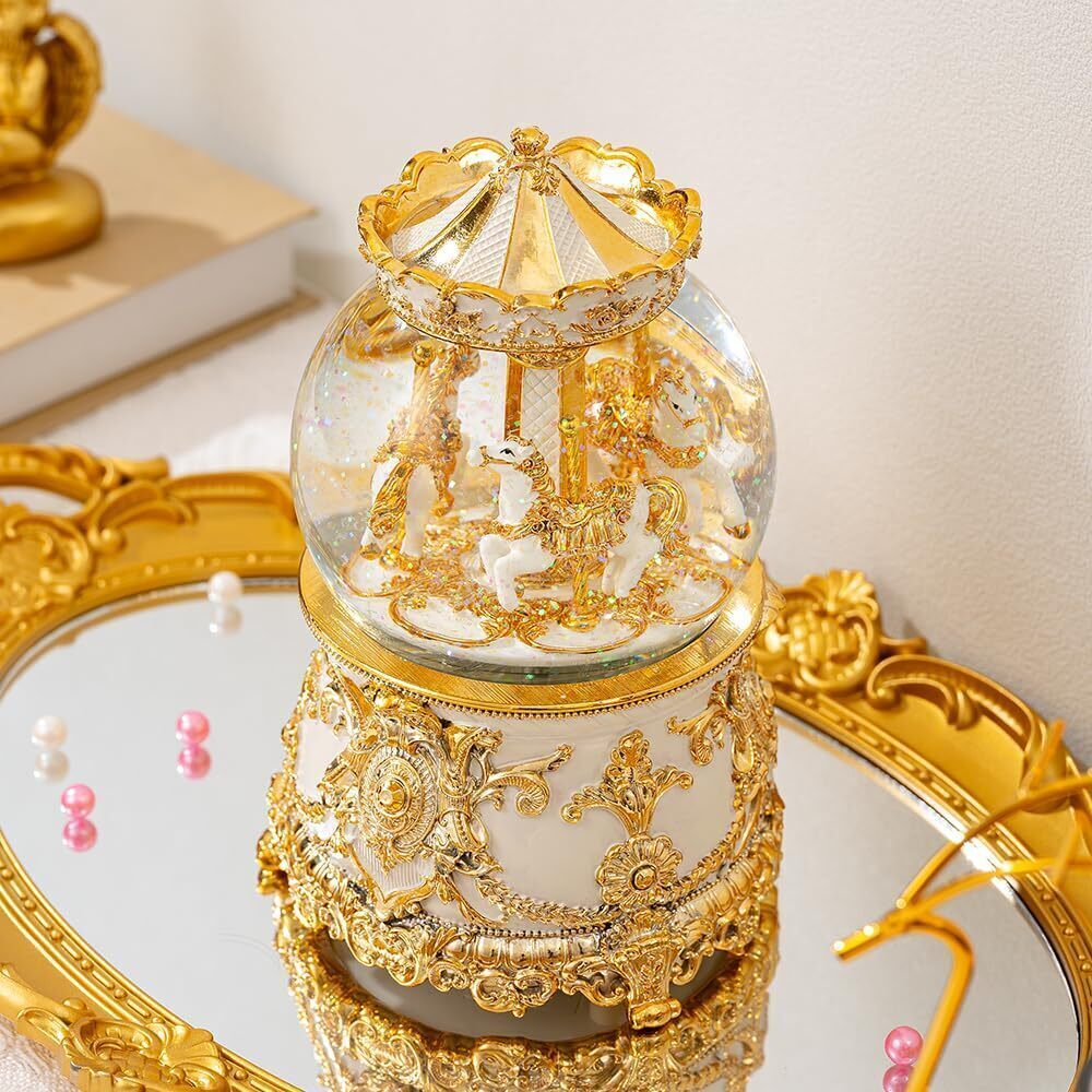 4682 Gift Wrapped Gold Plating Music Box Carousel Horses Color Lights